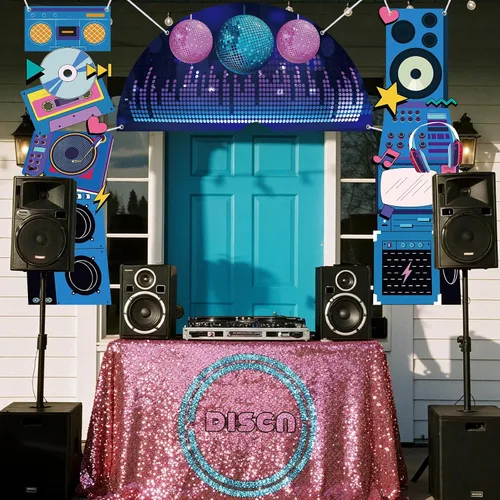 Vista 3 de Telón de fondo de discoteca para decoración de fiesta de cumpleaños, regreso a los años 80, 90, retro, para porche, radio, boombox, cabina de fotos