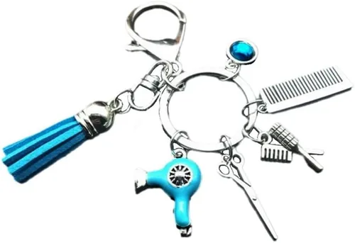 Vista 8 de Fuqimanman2020 Peine tijeras secador de pelo llavero con borla y diamante negro encanto peluquero estilista regalo joyería