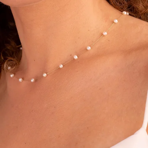 Vista 4 de Delicado collar de perlas chapado en oro de 14 quilates, bonito collar de perlas individuales elegante gargantilla de perlas pequeñas delicadas