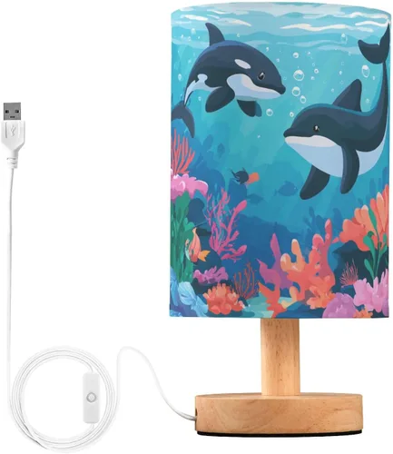 Vista 28 de Lámpara de mesa pintada Mariposa Diente de León con base de madera y pantalla de tela para mesita de noche, lámpara de escritorio para recámara