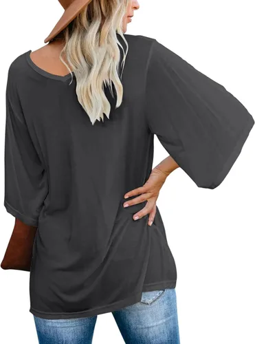 Vista 6 de cordat Blusa suelta para mujer, cuello en V, manga 34 acampanada, longitud hasta el codo, camisetas para mujer