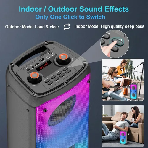 Vista 6 de Altavoz Bluetooth, 80W de potencia máxima, inalámbrico, TWS, portátil, para exteriores, altavoces para fiestas con subwoofer, graves profundos, Negro