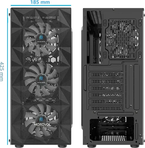 Vista 6 de MOROVOL Carcasa para PC con 4 ventiladores RGB preinstalados, carcasa de computadora ATX para juegos con malla frontal en forma de diamante y panel