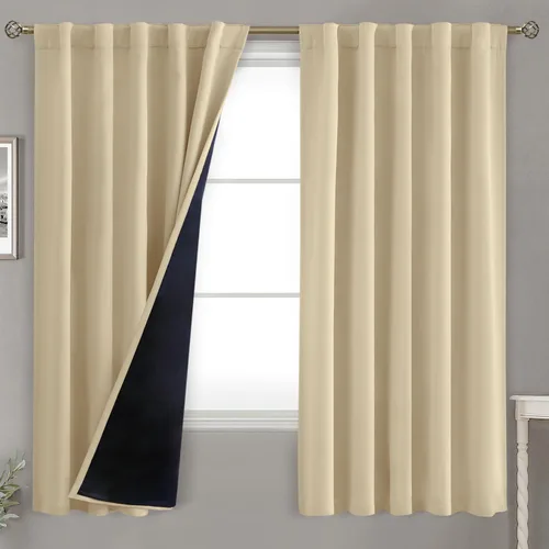 Vista 133 de BGment Cortinas 100% opacas beige de 63 pulgadas de largo con forro aislante térmico, bolsillo para varilla y lengüeta trasera de doble capa