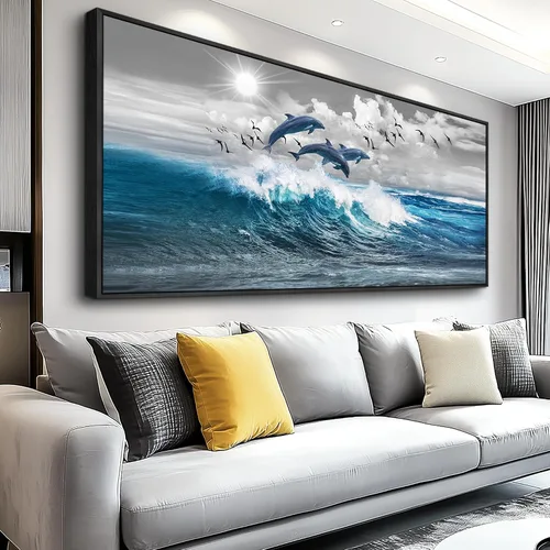 Vista 11 de Lapremoly Decoración de pared para sala de estar, arte de pared grande para dormitorio, olas azules del mar, ilustraciones de pared, oficina