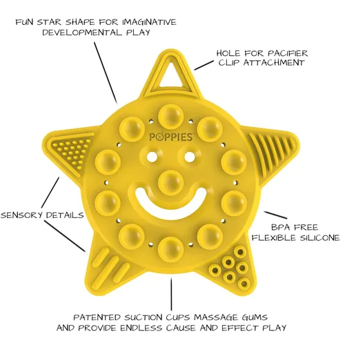 Vista 2 de POPPIES Smiley The Star - Mordedera de silicona sin BPA, sensorial, juguete de baño (amarillo)