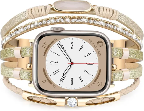 Vista 17 de MOFREE - Pulsera de cuero boho compatible con Apple Watch Band de 38, 40, 41 mm, pulsera de cuentas multicapa hecha a mano para Apple Watch, correa