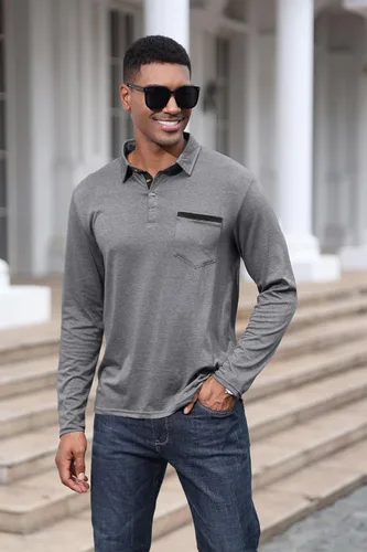 Vista 2 de Polo de algodón clásico de manga larga con botones térmicos y bolsillo para hombre