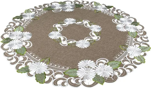 Vista 2 de LINENS Art and Things - Mantel redondo bordado de margaritas nacaradas florales con hojas verdes sobre mantel pequeño marrón (33 pulgadas, redondo)