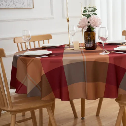 Vista 2 de Mantel Redondo de 60 Pulgadas Rojo Marrón a Cuadros de Cosecha - Mantel de Poliéster de Invierno a Cuadros Gingham de Navidad Cubierta de Mesa