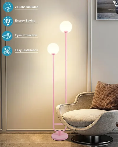 Vista 2 de Lightdot Lámpara de pie rosa de 63 pulgadas, moderna lámpara de pie de globo de mediados de siglo con bombillas LED de 3000 K incluidas