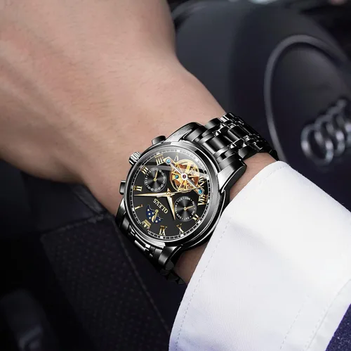Vista 2 de OLEVS Reloj mecánico automático para hombre, vestido de lujo, impermeable, cuerda automática, cronógrafo de fase lunar, acero inoxidable, fecha