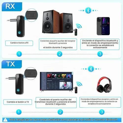 Vista 4 de Adaptador AUX Bluetooth 5.4 para automóvil, receptor transmisor Bluetooth 2 en 1 para auriculares de TV, altavoz estéreo para el hogar, llamadas