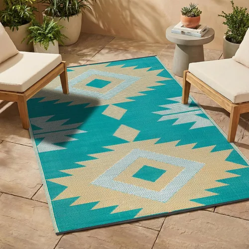 Vista 9 de FH Home - Alfombra para exteriores, impermeable, resistente a la decoloración, reversible, plástico reciclado de alta calidad, acabado geométrico