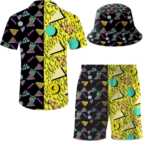 Vista 3 de Conjunto deportivo de 2 piezas para hombre, camisa hawaiana, pantalones cortos, camisa con botones y pantalones cortos con sombreros de pescador
