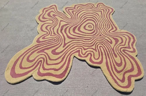 Vista 5 de Alfombra de forma irregular con patrón de ilusión copetuda a mano, 100% lana, hecha a mano (color multicolor, 4 x 4 pies)