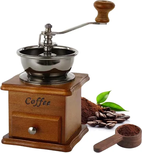Vista 8 de Molinillo de café manual vintage, molinillo de grano de café con núcleo de cerámica de alta dureza con base de madera maciza y caja de polvo