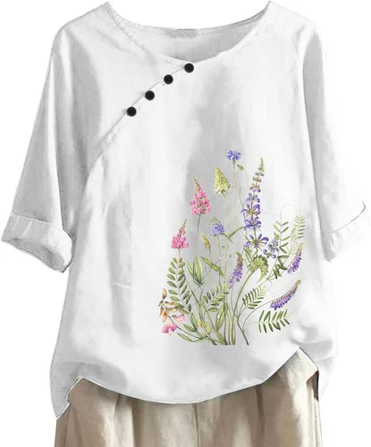 Vista 4 de Camisas de algodón y lino para mujer, manga 34, cuello redondo, botones, estampado floral, ajuste holgado, blusa elegante casual regular