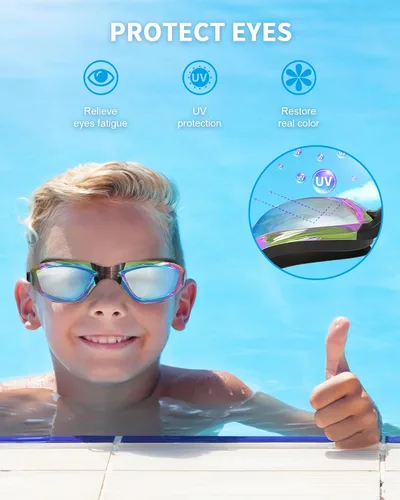 Vista 4 de gafas de natación para niños con pinza para la nariz, tapones para los oídos, puente de nariz para niños de 3 a 15 años