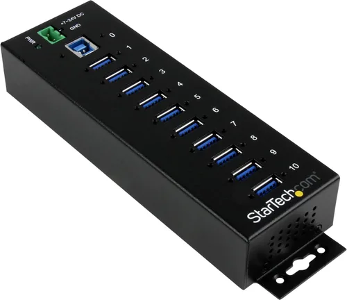 Vista 2 de StarTech Hub USB 3.0 de 10 puertos - 5Gbps - Hub USB A industrial de metal y adaptador de corriente CC com - 20V, 3.25A - Adaptador universal