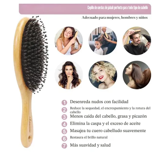 Vista 4 de Juego de Cepillo y Peine con Cerdas de Jabalí para Cabello Rizado, Grueso, Largo, Fino, Seco y Húmedo, el Mejor Cepillo Desenredante de Paleta