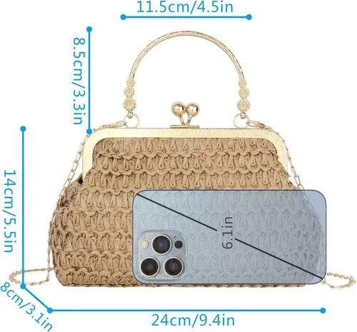 Vista 5 de Mini bolso de embrague tejido de paja para mujer, bolso cruzado con correa de cadena