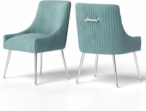 Vista 9 de Sillas de comedor de estilo moderno de terciopelo tapizado, silla de acento de tocador con barra vertical, silla capitonada con patas plateadas