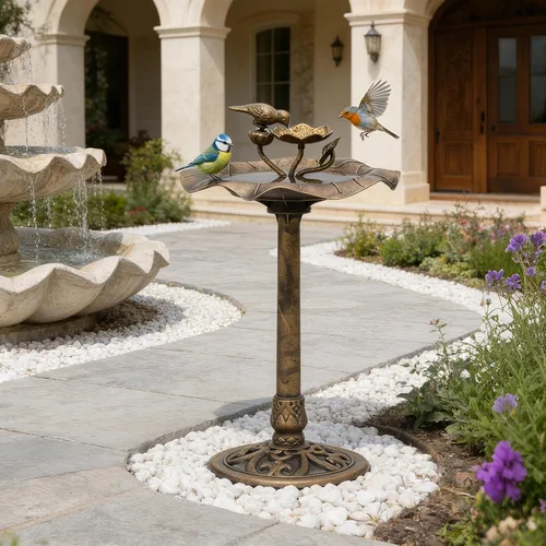 Vista 3 de Magshion Bañera y comedero para pájaros de 35 pulgadas para exteriores, bañera de pájaros con pedestal con diseño de loto vintage, construcción
