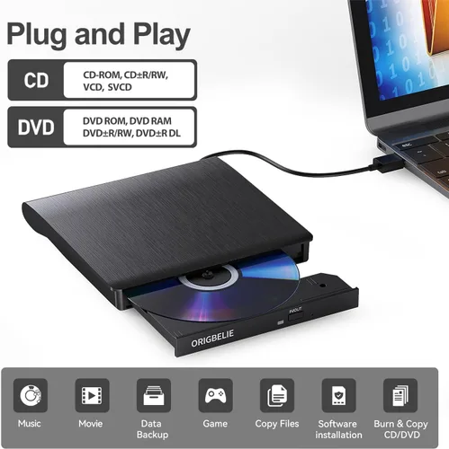 Vista 2 de ORIGBELIE Unidad externa de CD/DVD para portátil, grabadora de CD USB 3.0, unidad de DVD externa, reproductor de DVD portátil para computadora