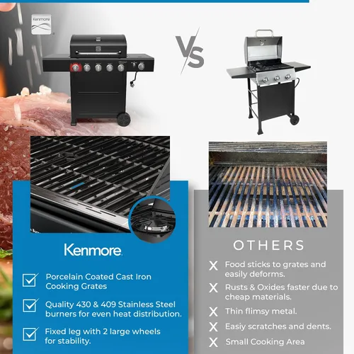 Vista 4 de Kenmore Parrilla de gas propano para barbacoa, 5 quemadores con quemador lateral y zona de sellado, parrilla de acero inoxidable de 644 pulgadas