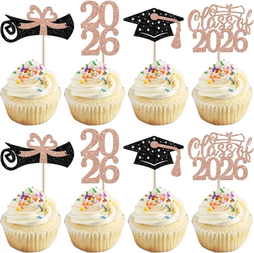 Vista 17 de Paquete de 24 adornos de graduación 3D 2024 para cupcakes 2024 con borlas doradas para fiestas temáticas de graduación 2024, suministros