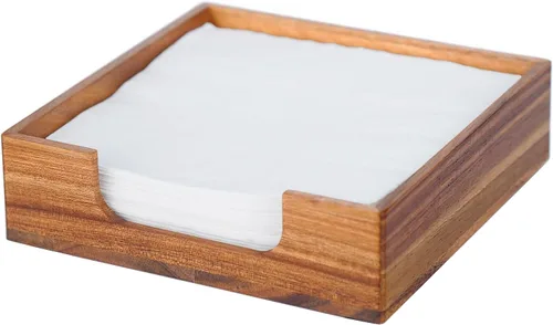 Vista 8 de Servilletero de cóctel de acacia para mesa, servilletero de madera, bandeja cuadrada plana para servilletas de bebidas, portaservilletas de cóctel