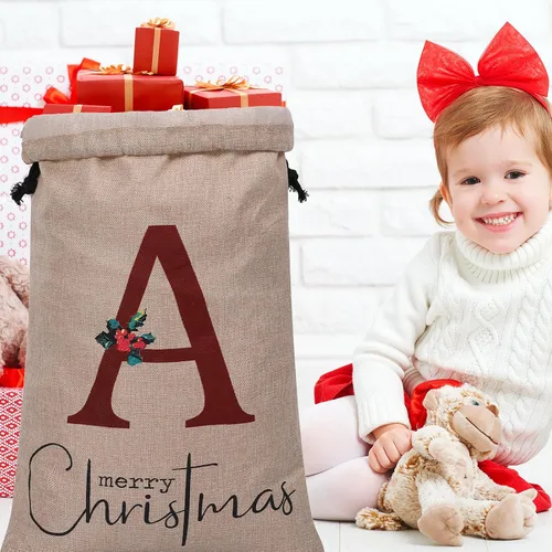 Vista 5 de Subyan Bolsa de regalo de Navidad de arpillera de 27 x 23 pulgadas, extra grande, reutilizable, personalizada, con monograma, con cordón