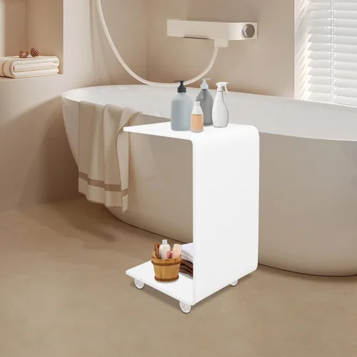 Vista 6 de Mesa auxiliar moderna de acrílico en forma de C con ruedas, mesa de noche con ruedas de 2 niveles para sala de estar, mesa auxiliar blanca lechosa