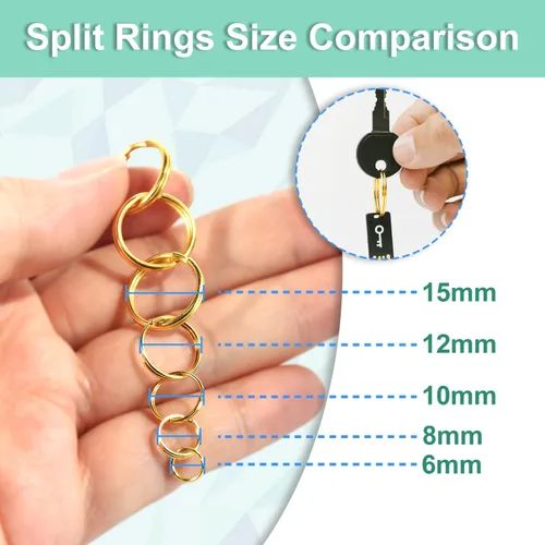 Vista 3 de 300 llaveros pequeños dorados de 1/2 pulgada, anillos divididos de doble bucle, mini llavero de metal para llavero, etiqueta de collar de mascotas