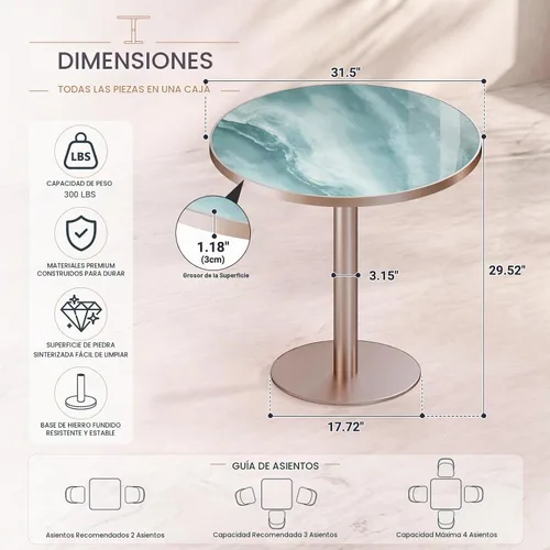 Vista 2 de Mesa de tulipán de 31.5 pulgadas, mesa de comedor redonda con mesa de Aqua Jade (oro rosa)