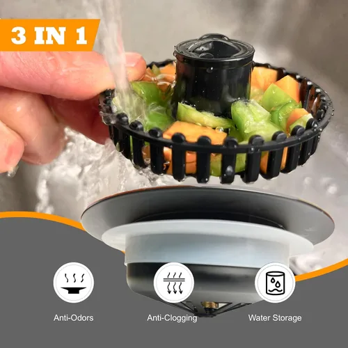 Vista 5 de Colador de drenaje para fregadero de cocina 3 en 1, tapón de fregadero desplegable de acero inoxidable 304, tapón de drenaje antiobstrucción, Negro