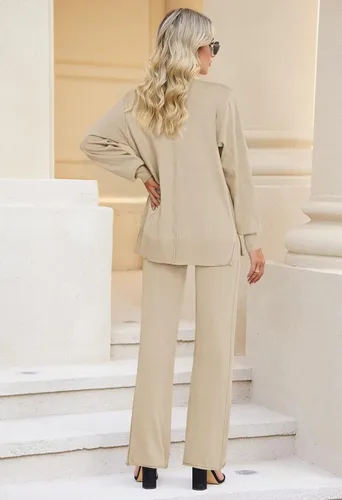 Vista 5 de Linsery Conjunto de 2 piezas para mujer, suéter de punto de cuello alto, pantalón de pierna ancha, conjunto de ropa de descanso