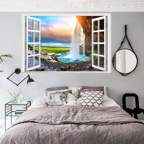 Vista 4 de Calcomanías de pared falsas 3D de cascada de bosque, mural de montaña natural, calcomanías de pared para sala de estar, dormitorio, comedor