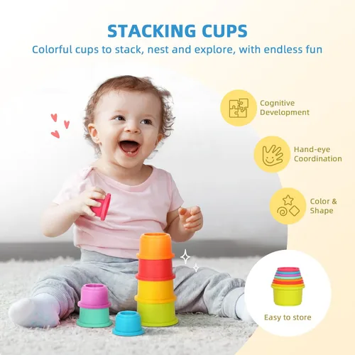 Vista 7 de OOOK Juguetes Montessori para niños de 1 año, kit educativo de aprendizaje 7 en 1 con cubo sensorial, caja de anidación, caja educativa 3 en 1