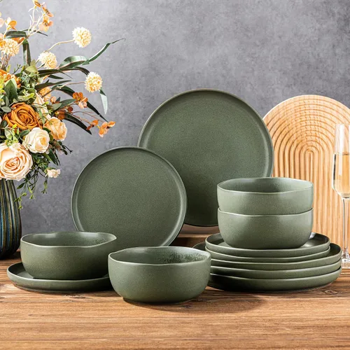 Vista 12 de Juegos de vajilla de cerámica AmorArc, platos y cuencos de gres con borde ondulado y alta resistencia a los arañazos Juego de vajilla apto