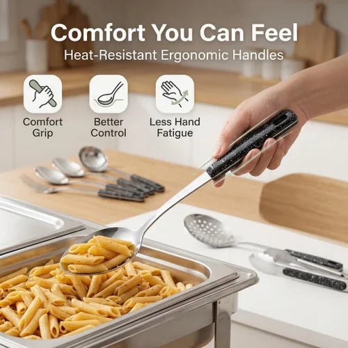Vista 4 de Juego de cucharas de servir de acero inoxidable Large Serving Spoons with Ladle & Slotted Spoon, Metal Serving Spoons for Buffet, Soup, Rice