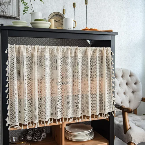 Vista 6 de RYNGHIPY Cenefa de cortina de crochet para ventana de cocina, cortinas de macramé desgastadas con borlas, tratamiento de ventana de encaje