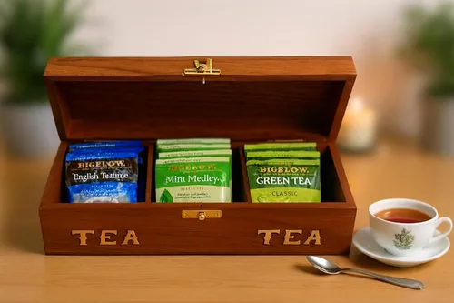 Vista 4 de Caja de té de palisandro hecha a mano, organizador de bolsas de té de 3 compartimentos, baúl de almacenamiento decorativo de madera natural