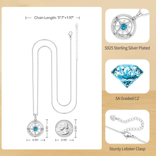 Vista 25 de Peeshow Collar para mujer, brújula, piedra natal, joyería de cumpleaños, aniversario, ideas para su novia, regalo romántico de amor en Navidad, día