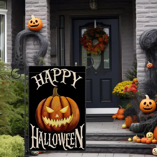 Vista 6 de Bandera de jardín de Halloween con fantasma, gato Boo, 12 x 18 pulgadas, vertical de doble cara con calabaza feliz Halloween, decoración exterior