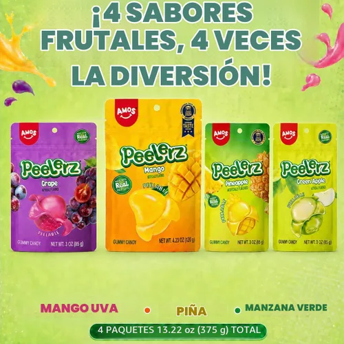 Vista 4 de AMOS Peelerz - Paquete variado de gomitas pelables, sabor mango, uva, manzana verde y piña, hecho con jugo de fruta real, 4 bolsas, 13.22 oz (375 g)