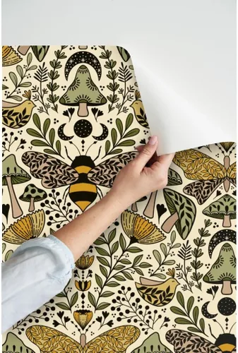 Vista 3 de Muestras de papel tapiz autoadhesivo - Nouveau Naturaleza Verde Amarillo Mariposa Naturaleza Bosque Plantas Art Nouveau Polilla Bohemia Abeja