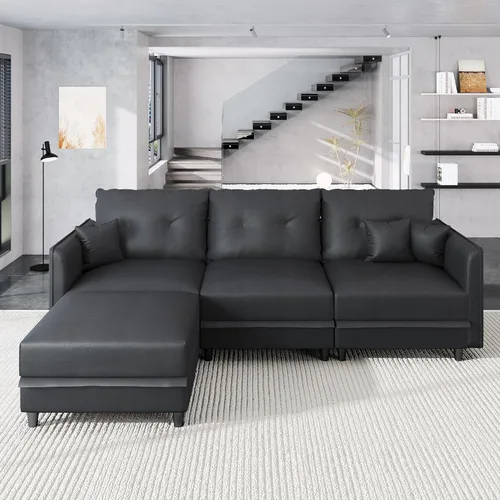 Vista 15 de LLappuil Sofá cama modular en forma de U de 6 plazas con almacenamiento, asiento profundo de piel sintética para sala de estar, impermeable y Negro