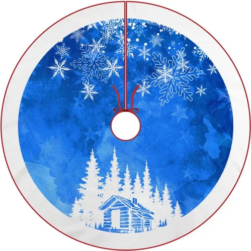 Vista 2 de Falda de árbol de Navidad azul de 48 pulgadas, falda de árbol de Navidad rústica gruesa con copo de nieve, decoración de invierno feliz año nuevo